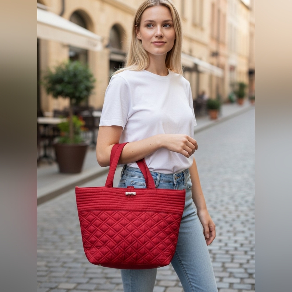 Vera Bradley Tote Bag Red Quilted Purse Toggle Closure